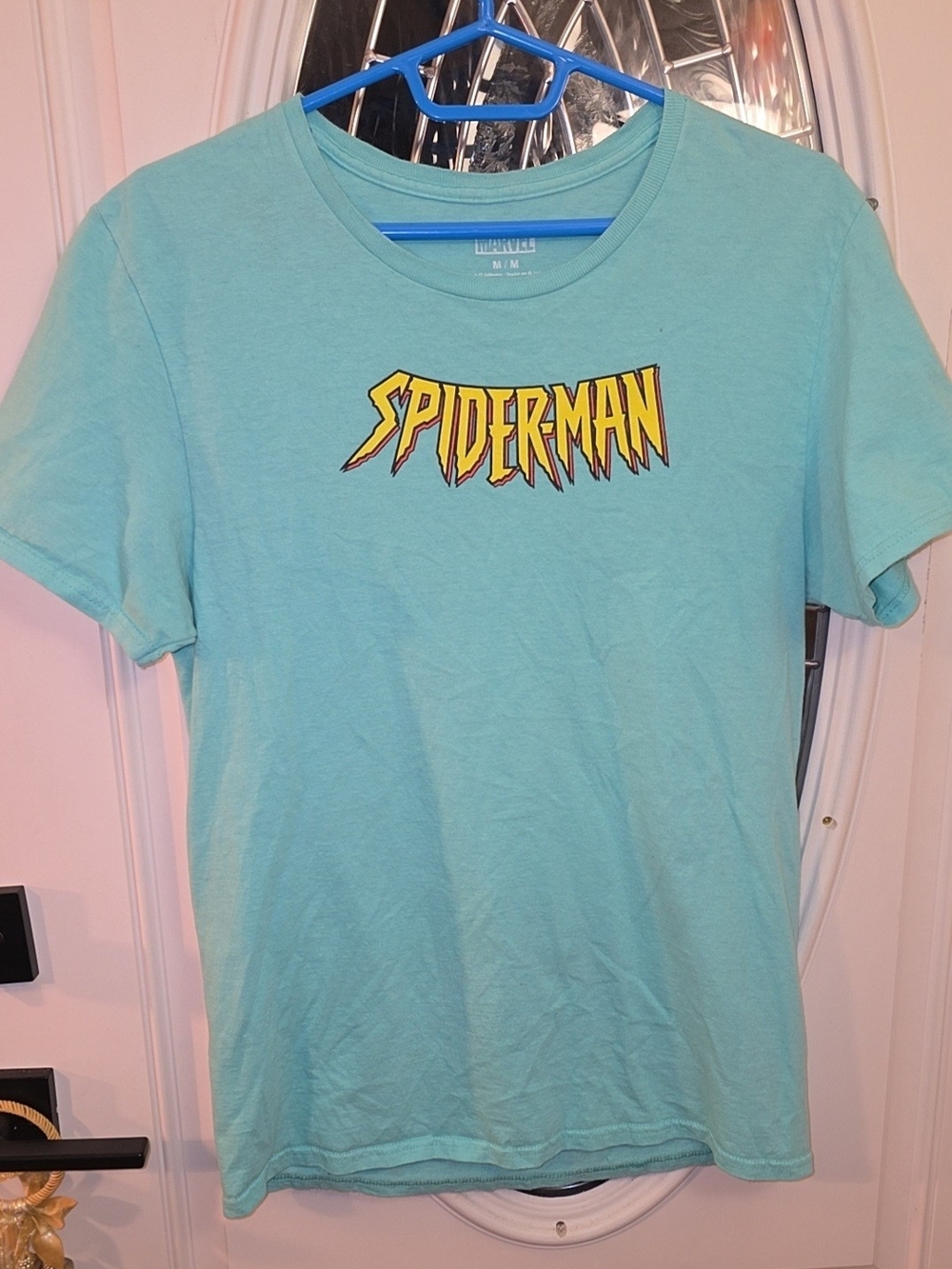 Spiderman Graphic Tee in Light Teal with Yellow Logo